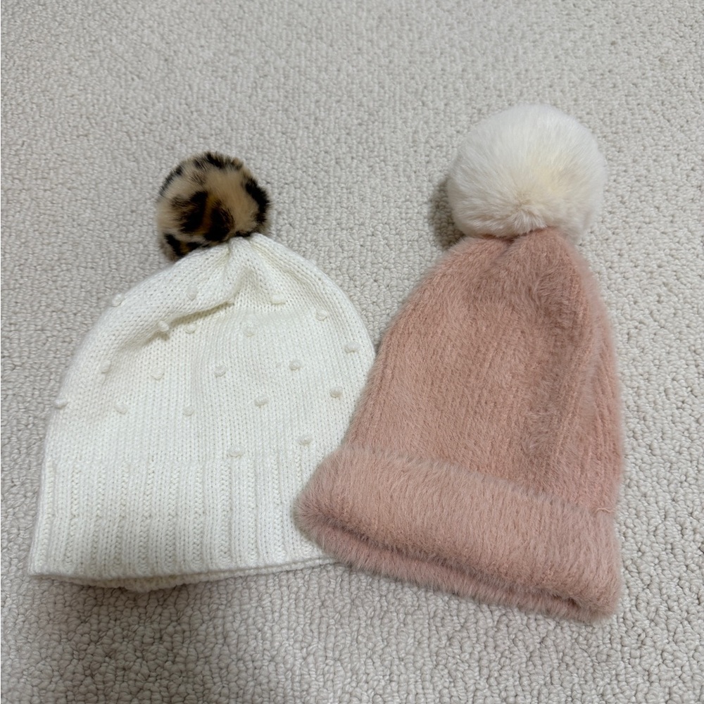 Mudpie Kids Pom-Pom Beanie Hat - Cream and Blush (Set of 2)